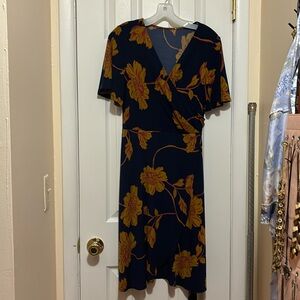 Navy Blue Midi Dress with Orange/Rust-Colored Flowers